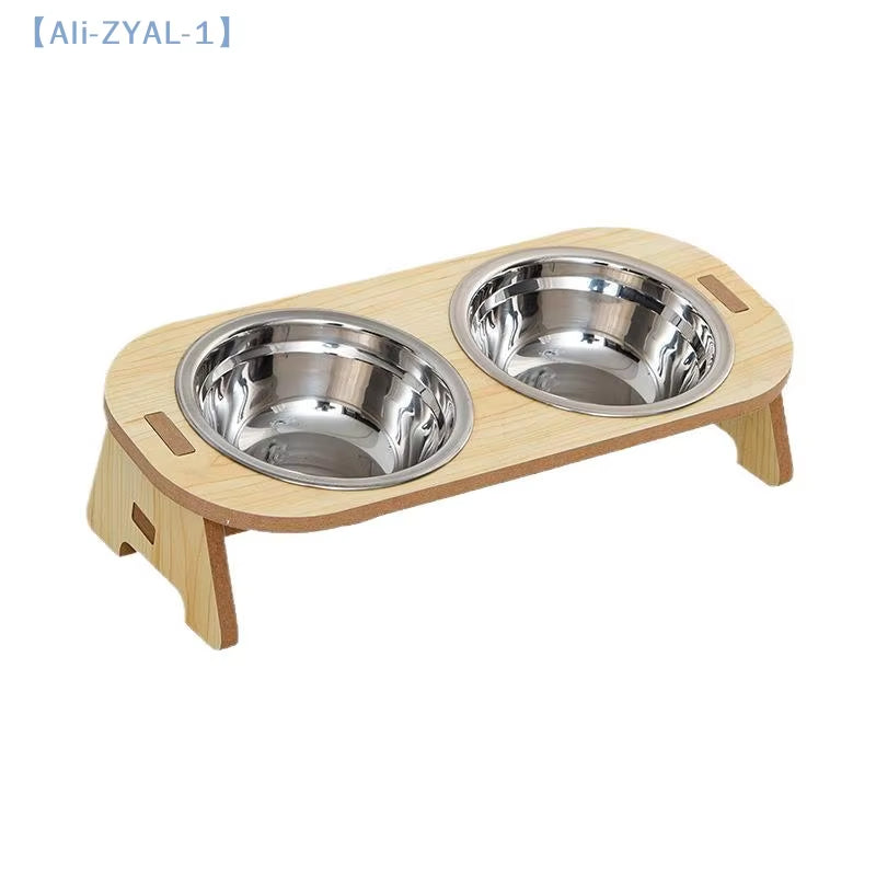 【Zyal-1】2-In-1 Cat and Dog Feeding Bowls Anti-Tip Bowls Stainless Steel Pet Bowls with Wooden Supports Neck Protection Design