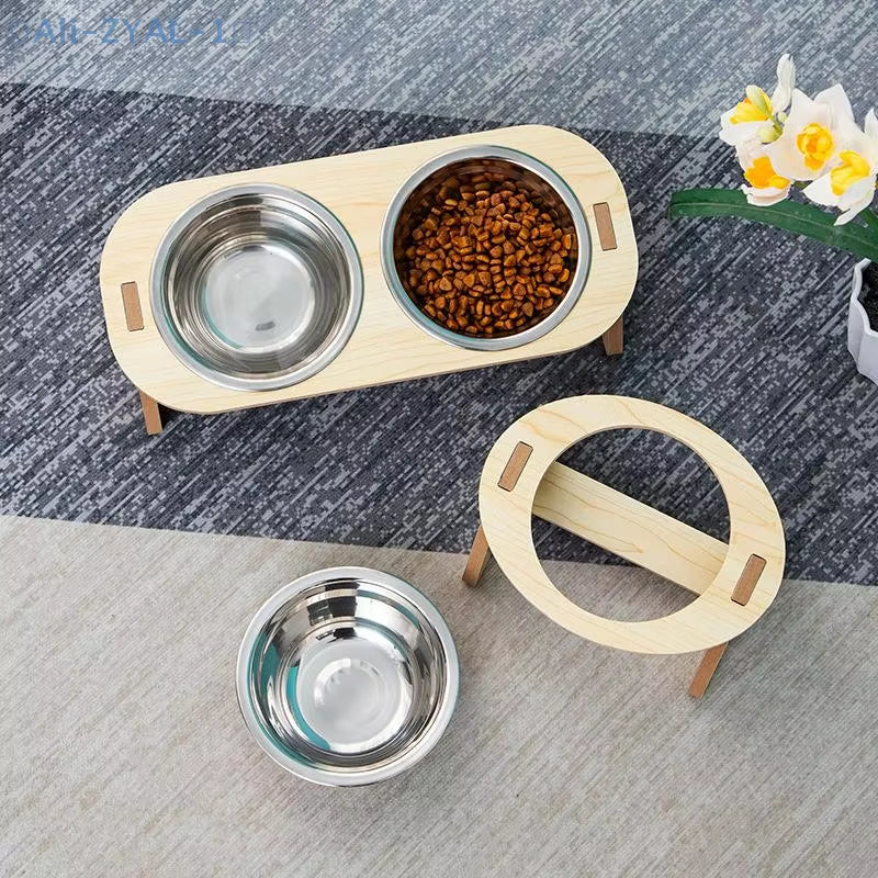 【Zyal-1】2-In-1 Cat and Dog Feeding Bowls Anti-Tip Bowls Stainless Steel Pet Bowls with Wooden Supports Neck Protection Design