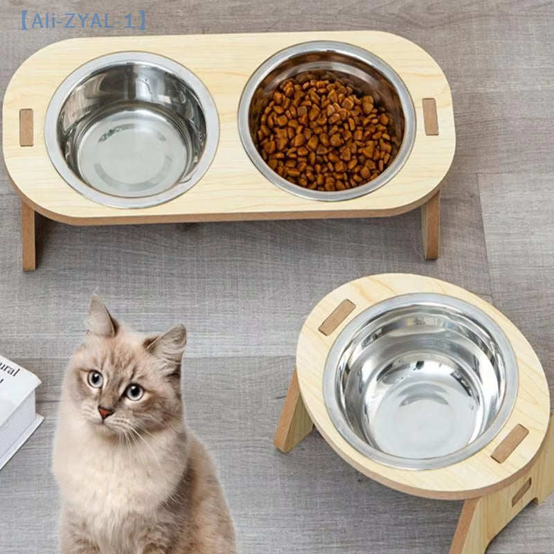 【Zyal-1】2-In-1 Cat and Dog Feeding Bowls Anti-Tip Bowls Stainless Steel Pet Bowls with Wooden Supports Neck Protection Design
