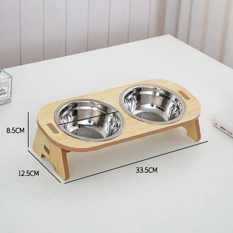 【Zyal-1】2-In-1 Cat and Dog Feeding Bowls Anti-Tip Bowls Stainless Steel Pet Bowls with Wooden Supports Neck Protection Design