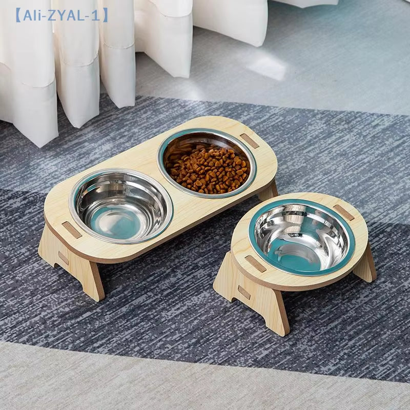 【Zyal-1】2-In-1 Cat and Dog Feeding Bowls Anti-Tip Bowls Stainless Steel Pet Bowls with Wooden Supports Neck Protection Design