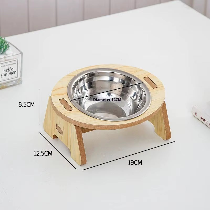 【Zyal-1】2-In-1 Cat and Dog Feeding Bowls Anti-Tip Bowls Stainless Steel Pet Bowls with Wooden Supports Neck Protection Design
